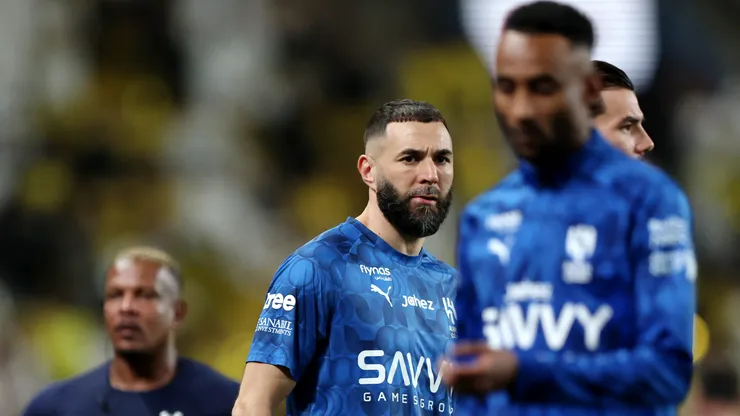 RIYADH, SAUDI ARABIA - MAY 12: Karim Benzema of Al Hilal looks on prior to during the Saudi Pro League match between Al Nassr and Al Hilal at Al Awwal Park on May 12, 2026 in Riyadh, Saudi Arabia. (Photo by Yasser Bakhsh/Getty Images)
