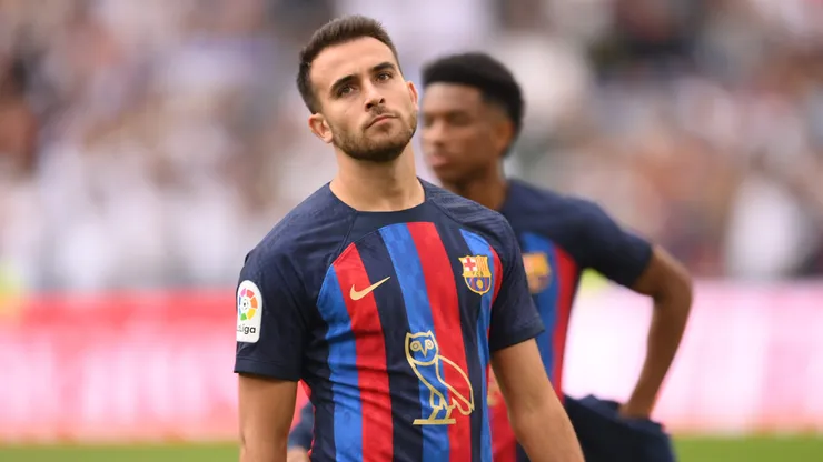 Eric Garcia of FC Barcelona looks on wearing the modified OVO owl logo on the front of the FC Barcelona shirt, which celebrates Canadian musician Drake surpassing 50 billion streams on Spotify during the LaLiga Santander match between Real Madrid CF and FC Barcelona at Estadio Santiago Bernabeu on October 16, 2022 in Madrid, Spain.