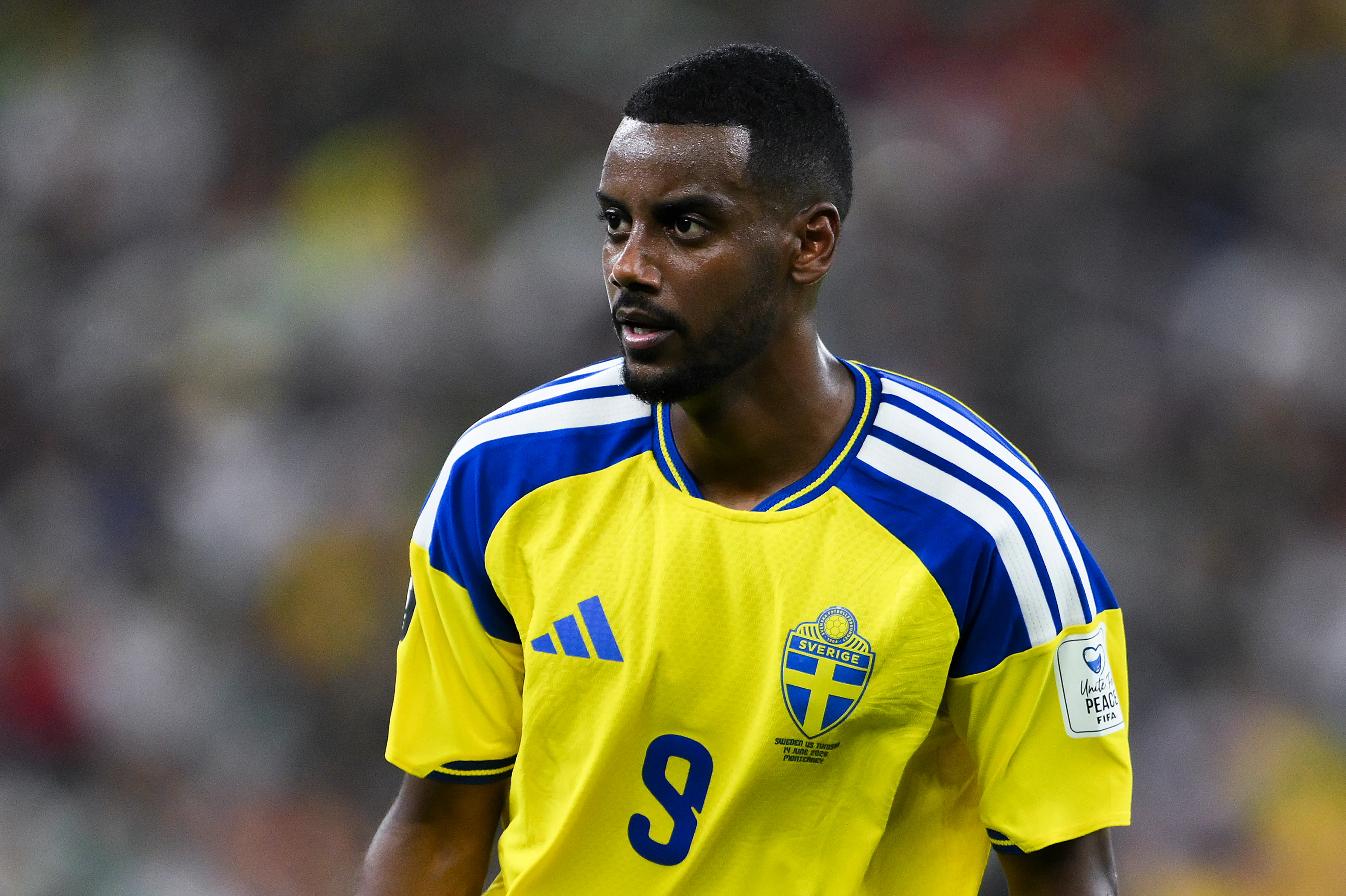 GUADALUPE, MEXICO – JUNE 14: Alexander Isak #9 of Sweden looks on during the FIFA World Cup 2026 Group F match between Sweden and Tunisia at Monterrey Stadium on June 14, 2026 in Guadalupe, Mexico. (Photo by David Ramos/Getty Images)