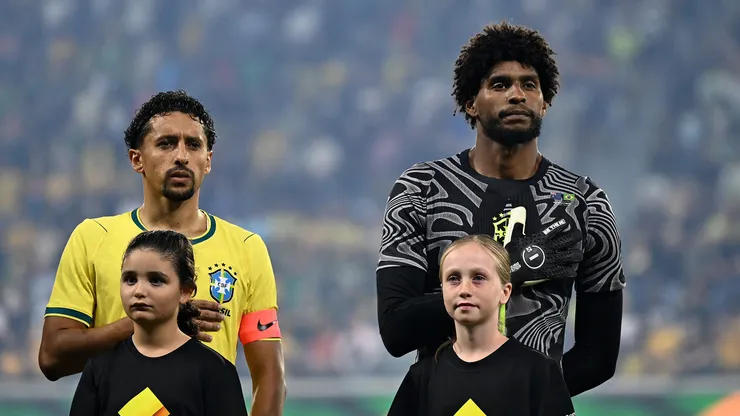 TOWNSVILLE, AUSTRALIA - SEPTEMBER 25: Endrick Felipe Moreira de Sousa Pessoa of Brazil and Hugo de Souza Nogueira of Brazil sing the national anthem during the International Friendly match between Australia Socceroos and Brazil at Queensland Country Bank Stadium on September 25, 2026 in Townsville, Australia. (Photo by Albert Perez/Getty Images)