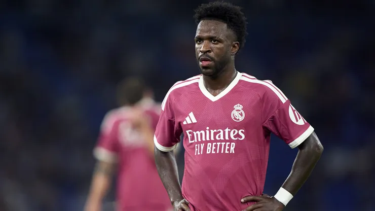 Vinicius Junior of Real Madrid CF looks on during the Trofeo Teresa Herrera match between RC Deportivo A Coruna and Real Madrid at Riazor Stadium on August 12, 2026 in A Coruna, Spain.