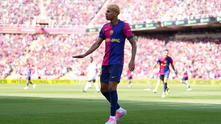 BARCELONA, SPAIN - MAY 11: Lamine Yamal of FC Barcelona celebrates scoring his team's second goal during the LaLiga match between FC Barcelona and Real Madrid CF at Estadi Olimpic Lluis Companys on May 11, 2025 in Barcelona, Spain. (Photo by Alex Caparros/Getty Images)