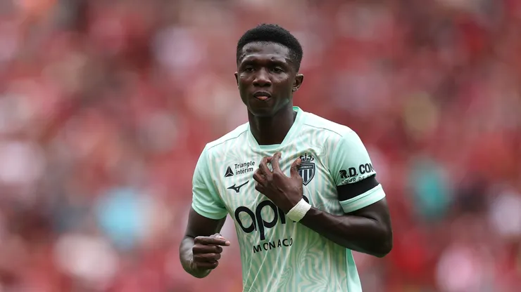 Lamine Camara, do AS Monaco, durante o amistoso de pré-temporada entre Liverpool FC e AS Monaco em Anfield, em 9 de agosto de 2026, em Liverpool, Inglaterra. (Foto de Jan Kruger/Getty Images)
