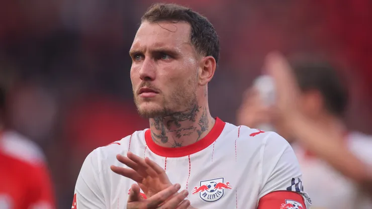 David Raum of RB Leipzig reacts after the Bundesliga 2026/27 match between Bayer 04 Leverkusen and RB Leipzig at BayArena on September 20, 2026 in Leverkusen, Germany.