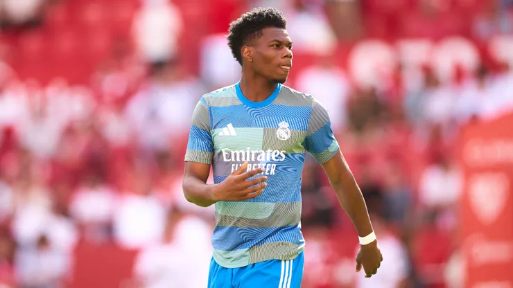 Aurelien Tchouameni of Real Madrid warms up during the LaLiga EA Sports match between Sevilla FC and Real Madrid CF at Estadio Ramon Sanchez Pizjuan on May 17, 2026 in Seville, Spain.