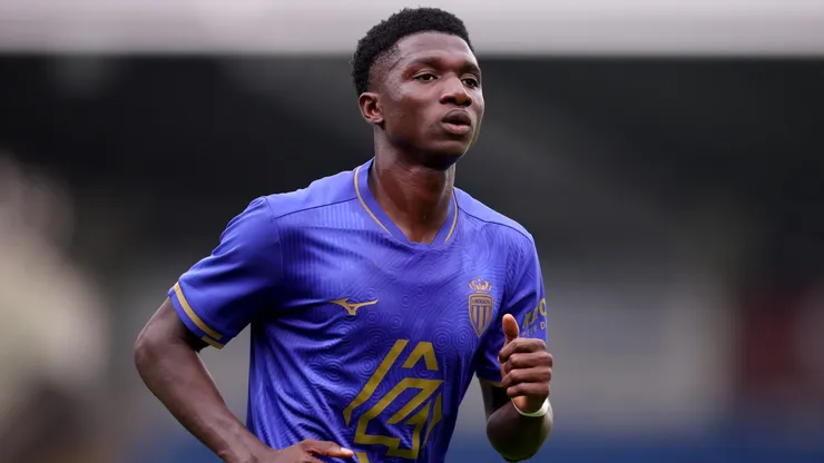 Lamine Camara of AS Monaco in action during the pre-season friendly match between Nottingham Forest and AS Monaco at SMH Group Stadium on July 19, 2025 in Chesterfield, England.