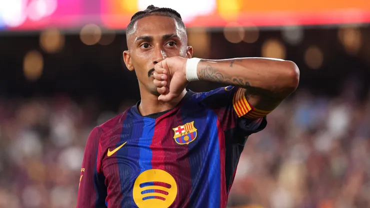 Raphinha of FC Barcelona celebrates scoring his team’s second goal during the Joan Gamper Trophy match between FC Barcelona and Al Ahly SC at Spotify Camp Nou on August 19, 2026 in Barcelona, Spain.