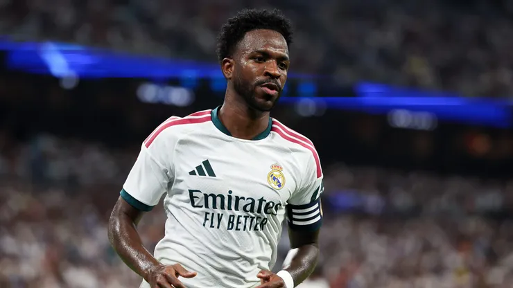 Vinicius Junior of Real Madrid looks on during the LaLiga EA Sports 2026/27 match between Real Madrid and Rayo Vallecano de Madrid at Estadio Santiago Bernabeu on September 12, 2026 in Madrid, Spain.