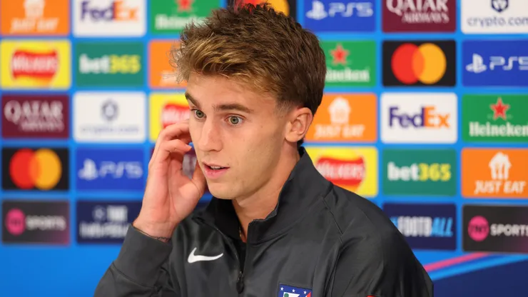 Pablo Barrios of Atletico de Madrid speaks to the media in a press conference at Anfield on September 16, 2025 in Liverpool, England.