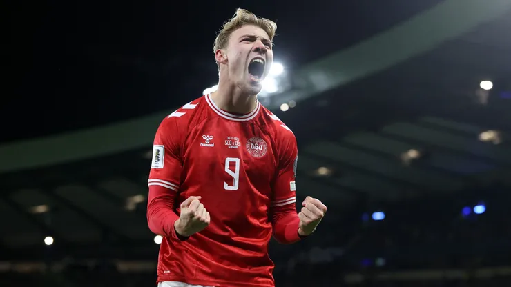 GLASGOW, SCOTLAND - NOVEMBER 18: Rasmus Højlund of Denmark celebrates scoring his team's second goal during the FIFA World Cup 2026 qualifier match between Scotland and Denmark at Hampden Park on November 18, 2025 in Glasgow, Scotland. (Photo by Ian MacNicol/Getty Images)