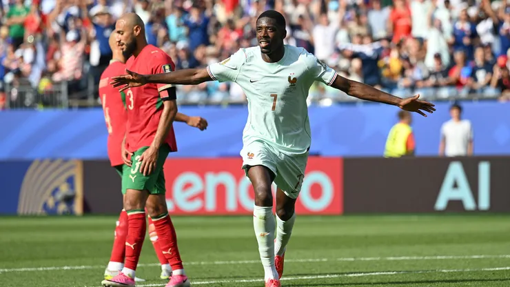 FOXBOROUGH, MASSACHUSETTS - JULY 09: Ousmane Dembele #7 of France celebrates scoring his team's second goal during the FIFA World Cup 2026 Quarter Final match between France and Morocco at Boston Stadium on July 09, 2026 in Foxborough, Massachusetts. (Photo by Shaun Botterill/Getty Images)