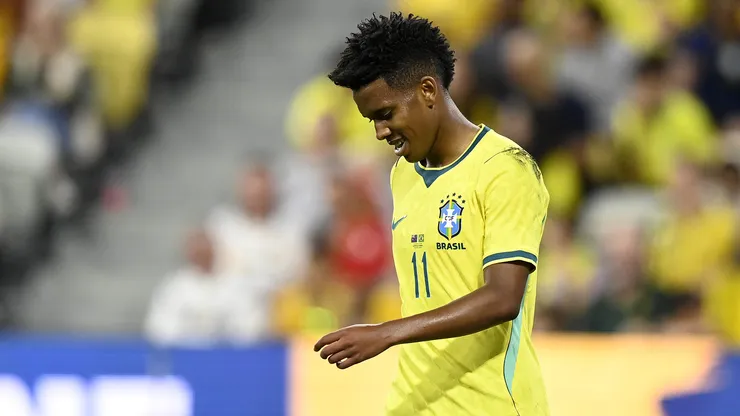 TOWNSVILLE, AUSTRALIA - SEPTEMBER 25: Estevao Willian Almeida de Oliveira Goncalves of Brazil looks frustrated during the International Friendly match between Australia Socceroos and Brazil at Queensland Country Bank Stadium on September 25, 2026 in Townsville, Australia. (Photo by Ian Hitchcock/Getty Images)