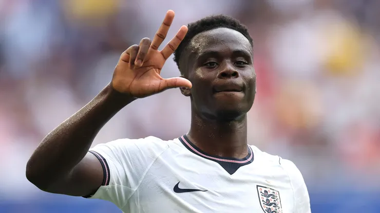 Bukayo Saka of England celebrates after scoring his team's fifth and hat trick goal during the FIFA World Cup 2026 Bronze Final between France and England at Miami Stadium on July 18, 2026 in Miami Gardens, Florida.