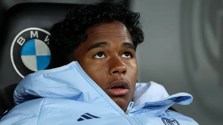 Endrick of Real Madrid CF looks on prior to the LaLiga match between Real Madrid CF and Athletic Club at Estadio Santiago Bernabeu on April 20, 2025 in Madrid, Spain.