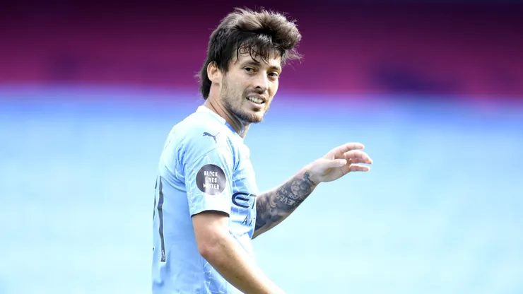 MANCHESTER, ENGLAND - JULY 26: David Silva of Manchester City looks on during the Premier League match between Manchester City and Norwich City at Etihad Stadium on July 26, 2020 in Manchester, England.Football Stadiums around Europe remain empty due to the Coronavirus Pandemic as Government social distancing laws prohibit fans inside venues resulting in all fixtures being played behind closed doors. (Photo by Peter Powell/Pool via Getty Images)