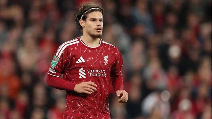 Milos Kerkez of Liverpool looks on during the Carabao Cup Third Round match between Liverpool and Tottenham Hotspur at Anfield on September 15, 2026 in Liverpool, England.