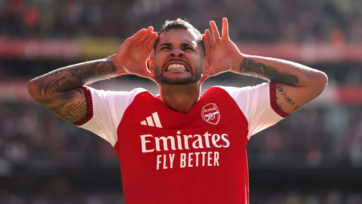 LONDON, ENGLAND - OCTOBER 10: Bruno Guimaraes of Arsenal celebrates scoring his team’s second goal during the Premier League 2026/27 match between Arsenal FC and Leeds United at Emirates Stadium on October 10, 2026 in London, England. (Photo by Julian Finney/Getty Images)
