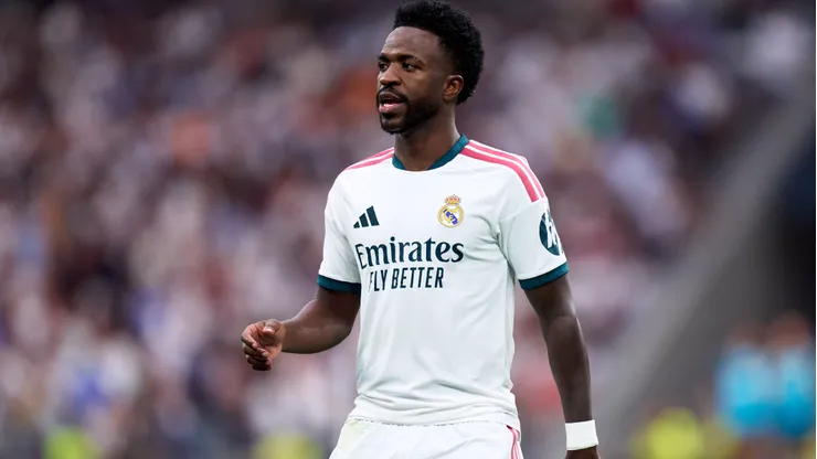 Vinicius Junior of Real Madrid looks on during the LaLiga EA Sports 2026/27 match between Real Madrid and Malaga CF at Estadio Santiago Bernabeu on August 30, 2026 in Madrid, Spain.