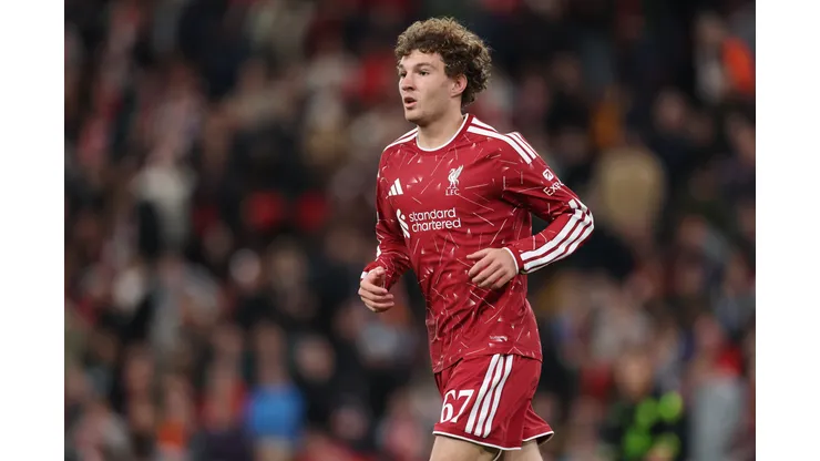 Lewis Koumas of Liverpool during the UEFA Champions League 2026/27 League Phase MD1 match between Liverpool FC and Atletico de Madrid at Anfield on September 09, 2026 in Liverpool, England. (Photo by Michael Regan/Getty Images)