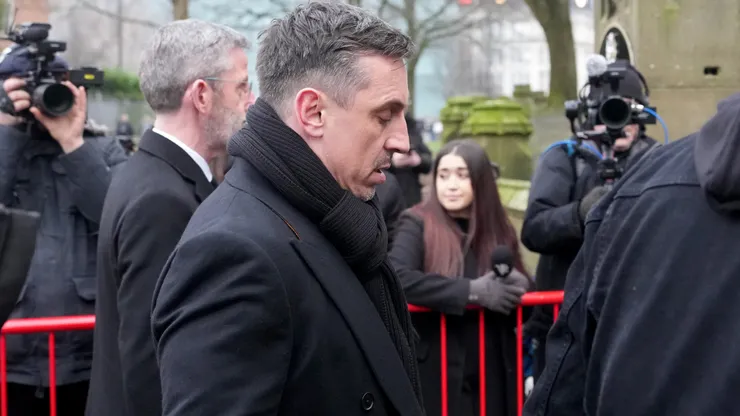 MANCHESTER, ENGLAND - FEBRUARY 11: Gary Neville arrives to attend the funeral of late Manchester United and Scotland footballer Denis Law on February 11, 2025 in Manchester, England. The former Manchester United striker, nicknamed The King, died last month at the age of 84. (Photo by Christopher Furlong/Getty Images)