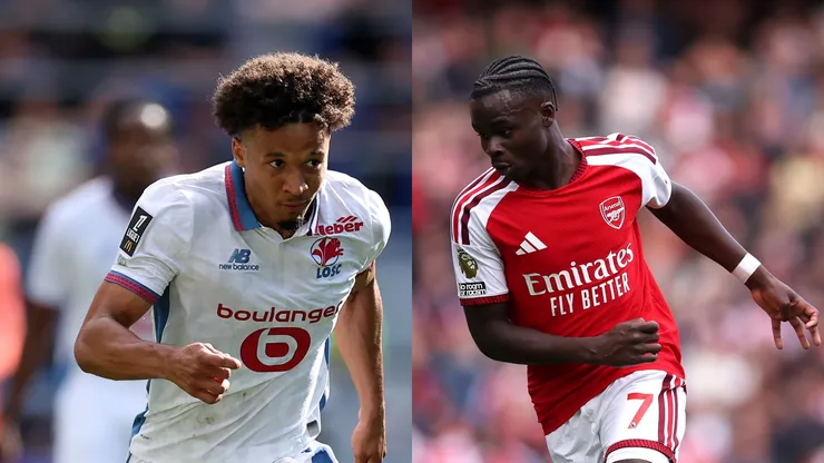 Tiago Santos, do OSC Lille e Bukayo Saka, do Arsenal. Foto: Jan Kruger e Alex Pantling/Getty Images