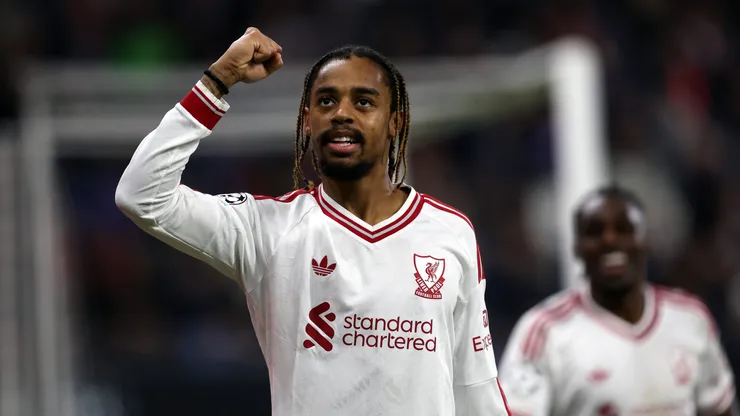 Bradley Barcola of Liverpool celebrates scoring his team’s fifth goal, completing his hat-trick during the UEFA Champions League 2026/27 League Phase MD2 match between LASK and Liverpool FC at Oberösterreich Arena on October 14, 2026 in Linz, Austria.