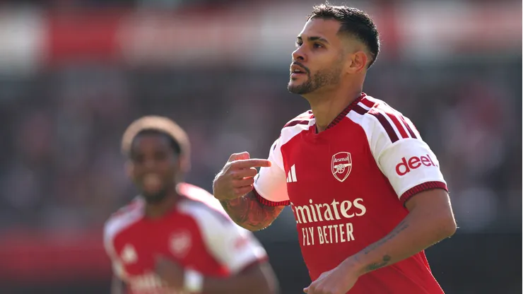 Bruno Guimaraes of Arsenal celebrates scoring his team’s second goal during the Premier League 2026/27 match between Arsenal FC and Leeds United at Emirates Stadium on October 10, 2026 in London, England.