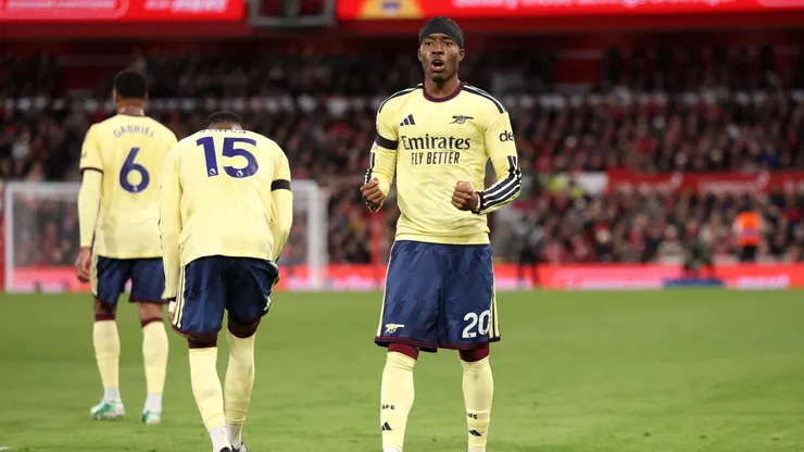 Noni Madueke of Arsenal celebrates scoring his team’s first goal during the Premier League 2026/27 match between Nottingham Forest FC and Arsenal FC at City Ground on October 18, 2026 in Nottingham, England.