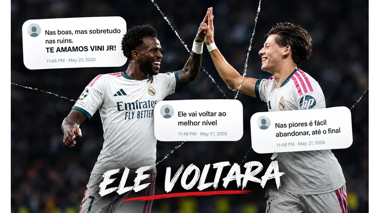 Torcida do Real Madrid apoia Vini Jr na Champions. Foto: Diego Souto/Getty Images