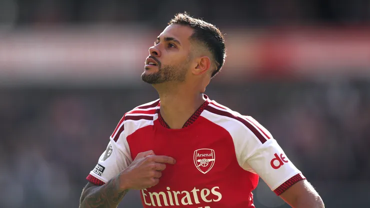 Bruno Guimaraes of Arsenal celebrates scoring his team’s second goal during the Premier League 2026/27 match between Arsenal FC and Leeds United at Emirates Stadium on October 10, 2026 in London, England.