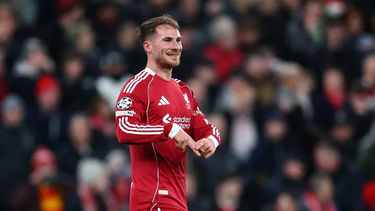 Alexis Mac Allister of Liverpool celebrates scoring his team's first goal during the UEFA Champions League 2025/26 League Phase MD8 match between Liverpool FC and Qarabag FK at Anfield on January 28, 2026 in Liverpool, England.