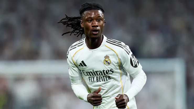 Eduardo Camavinga of Real Madrid looks on during the LaLiga EA Sports match between Real Madrid CF and Real Sociedad at Estadio Santiago Bernabeu on February 14, 2026 in Madrid, Spain.
