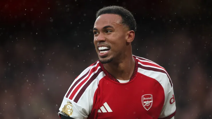 Gabriel of Arsenal celebrates scoring his team’s second goal during the Premier League 2026/27 match between Arsenal FC and Everton at Emirates Stadium on October 24, 2026 in London, England.
