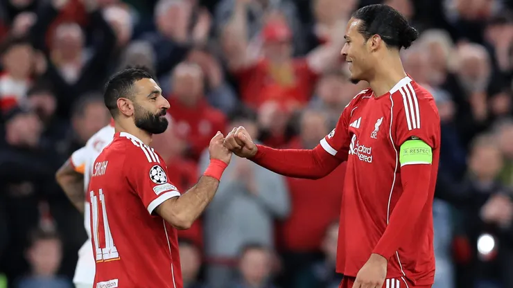 RECORD DATE NOT STATED 18th March 2026 Anfield, Liverpool, Merseyside, England UEFA Champions League Football, Liverpool versus Galatasaray Mohammed Salah of Liverpool celebrates with team mate Virgil van Dijk after scoring for 4-0 after 62 minutes PUBLICATIONxNOTxINxUK DavidxBlunsden